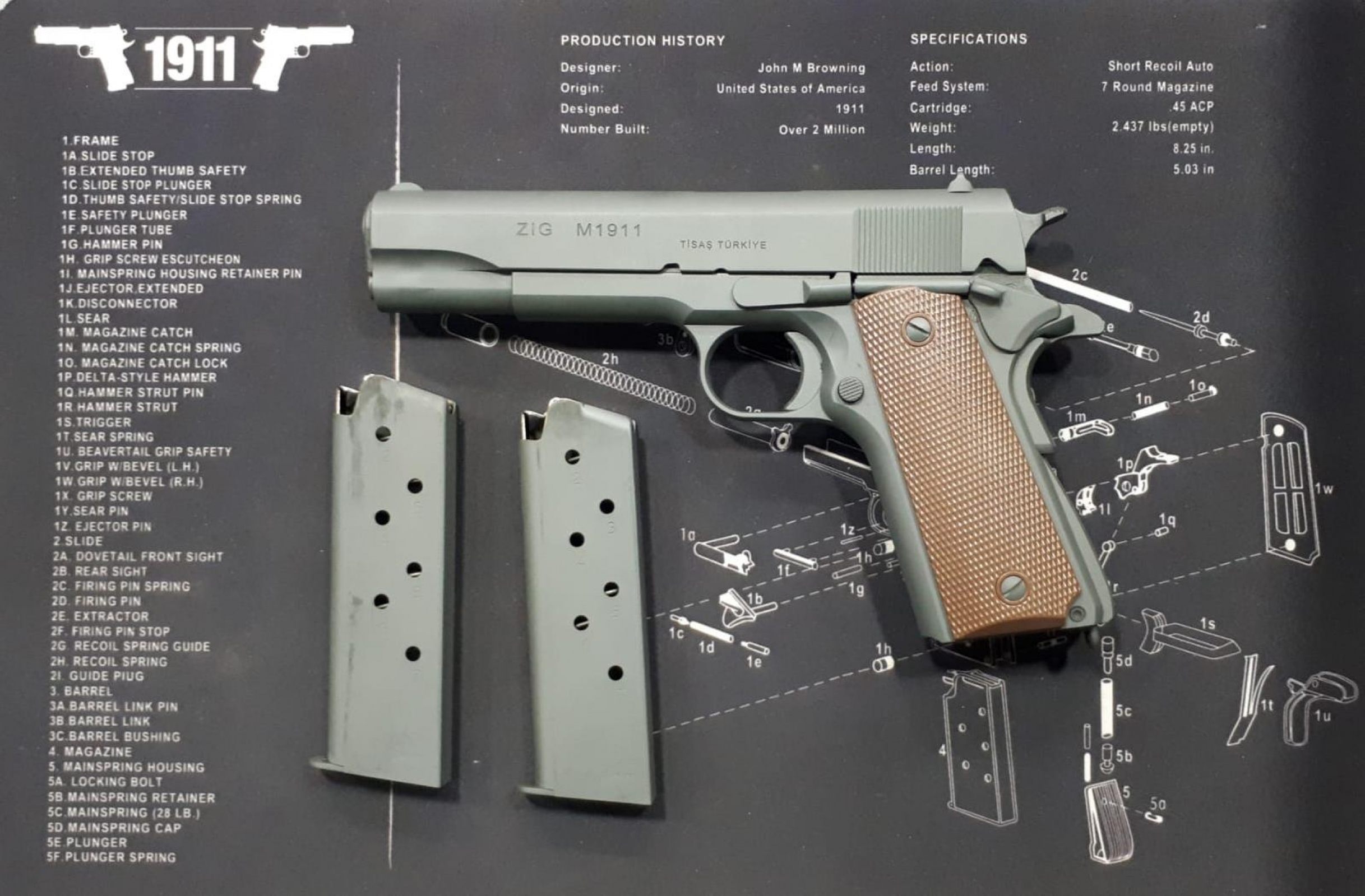 Tisaş Zig M1911 Mat F&uuml;me Titanyum Par&ccedil;alar Altın Kaplama